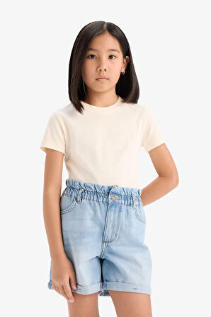 Kız Çocuk Slim Fit Dar Kesim Bisiklet Yaka Basic Düz Ribana Kısa Kollu Tişört