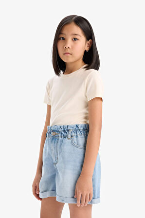 Kız Çocuk Slim Fit Dar Kesim Bisiklet Yaka Basic Düz Ribana Kısa Kollu Tişört