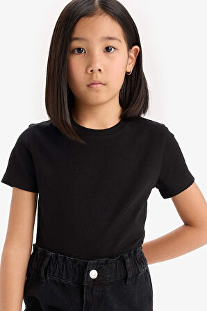 DeFacto Kız Çocuk Slim Fit Dar Kesim Bisiklet Yaka Ribana Basic Düz Kısa Kollu Tişört B3054A825SMBK81