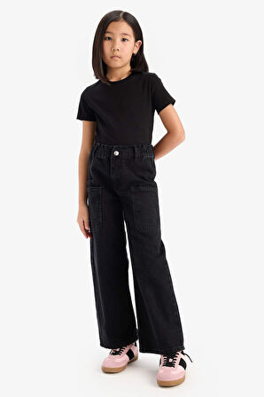 Kız Çocuk Slim Fit Dar Kesim Bisiklet Yaka Basic Düz Ribana Kısa Kollu Tişört