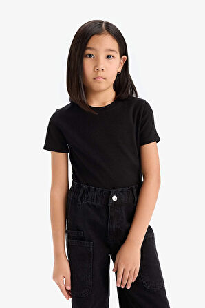 Kız Çocuk Slim Fit Dar Kesim Bisiklet Yaka Basic Düz Ribana Kısa Kollu Tişört