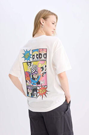 Coool PowerPuff Girls Oversize Geniş Kalıp Bisiklet Yaka Sırt Baskılı Kısa Kollu Tişört