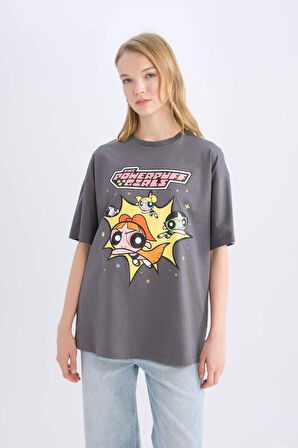 DeFacto Coool PowerPuff Girls Oversize Geniş Kalıp Bisiklet Yaka Kısa Kollu Tişört D9111AX25SMAR58