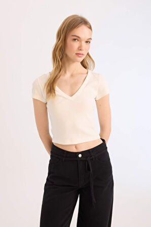 Coool Fitted Fitilli Kaşkorse Basic Düz Kısa Kollu Tişört
