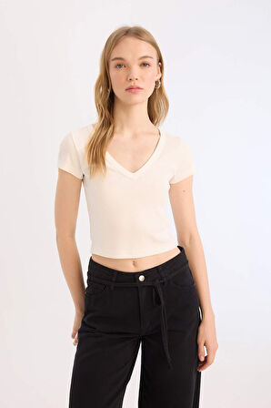 Coool Fitted Fitilli Kaşkorse Basic Düz Kısa Kollu Tişört
