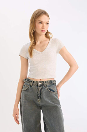 DeFacto Coool V Yaka Fitted Fitilli Kaşkorse Kısa Kollu Tişört E0290AX25SMGR210