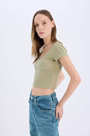 Coool Fitted Fitilli Kaşkorse Basic Düz Kısa Kollu Tişört