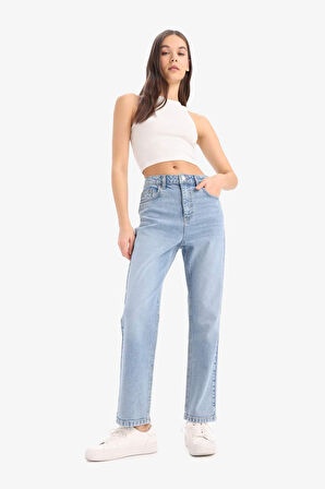 Mary Vintage Straight Fit Yüksek Bel Düz Paça Jean Kar Yıkamalı Pantolon