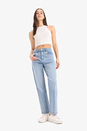 Mary Vintage Straight Fit Yüksek Bel Düz Paça Jean Kar Yıkamalı Pantolon