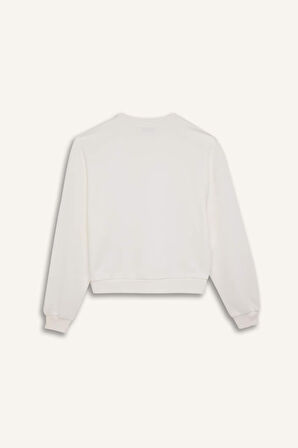 Kadın Siyah Regular Fit Bisiklet Yaka Kalın Basic Düz Sweatshirt
