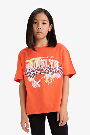 Kız Çocuk Oversize Geniş Kalıp Bisiklet Yaka Kısa Kollu Tişört