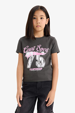 DeFacto Kız Çocuk Slim Fit Dar Kesim Bisiklet Yaka Ribana Kısa Kollu Tişört E0366A825SMAR211