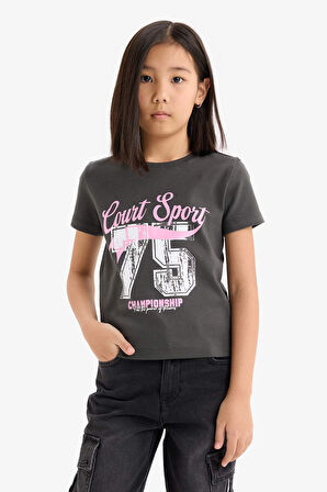 DeFacto Kız Çocuk Slim Fit Dar Kesim Bisiklet Yaka Ribana Kısa Kollu Tişört E0366A825SMAR211