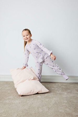 Kız Bebek Pijama Takımı Penye Kelebek Desenli Uzun Kollu Üst Beli Lastikli Uzun Alt