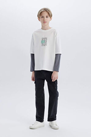 DeFacto Erkek Çocuk Oversize Geniş Kalıp Bisiklet Yaka Uzun Kollu Tişört D7702A825SPER105