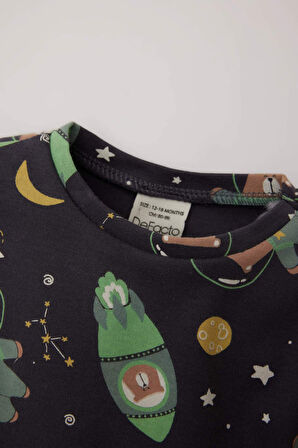 Erkek Bebek Pijama Takımı Uzay Baskılı Uzun Kollu Üst Beli Lastikli Uzun Alt