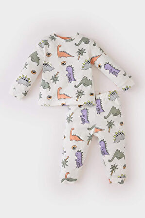 Erkek Bebek Pijama Takımı Dinazor Baskılı Uzun Kollu Üst Beli Lastikli Uzun Alt
