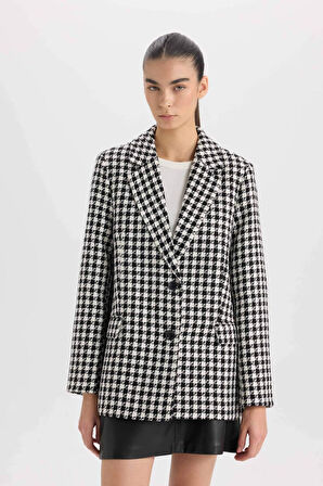 DeFacto Oversize Geniş Kalıp Ceket Yaka Düğmeli Tweed Desenli Blazer Ceket V2814AZ24AUBK81