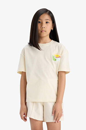 DeFacto Kız Çocuk Relax Fit Bisiklet Yaka Sırt Baskılı Kısa Kollu Tişört E0387A825SMER134