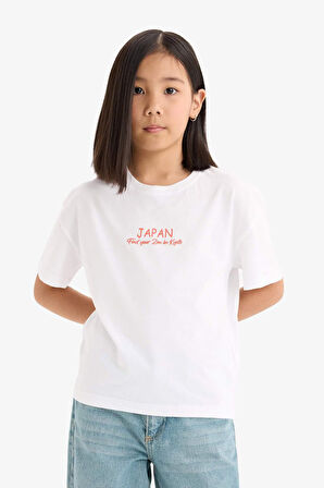 DeFacto Kız Çocuk Relax Fit Bisiklet Yaka Sırt Baskılı Kısa Kollu Tişört E0387A825SMWT34