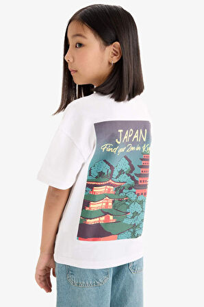 DeFacto Kız Çocuk Relax Fit Bisiklet Yaka Sırt Baskılı Kısa Kollu Tişört E0387A825SMWT34