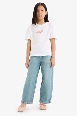 DeFacto Kız Çocuk Relax Fit Bisiklet Yaka Sırt Baskılı Kısa Kollu Tişört E0387A825SMWT34