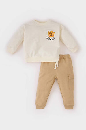 DeFacto Erkek Bebek 2'li Takım Bisiklet Yaka Baskılı Sweatshirt Beli Lastikli Eşofman Altı D9594A525SPER91