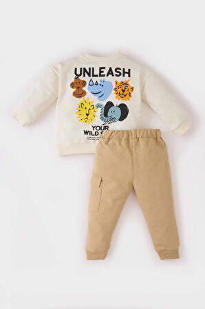 DeFacto Erkek Bebek 2'li Takım Bisiklet Yaka Baskılı Sweatshirt Beli Lastikli Eşofman Altı D9594A525SPER91