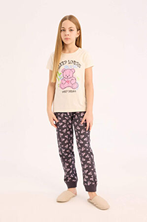 DeFacto Kız Çocuk Pijama Takımı Bisiklet Yaka Baskılı Kısa Kollu Üst Beli Lastikli Desenli Alt E0538A825SMER233