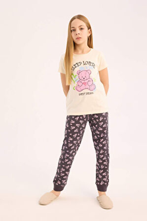 DeFacto Kız Çocuk Pijama Takımı Bisiklet Yaka Baskılı Kısa Kollu Üst Beli Lastikli Desenli Alt E0538A825SMER233