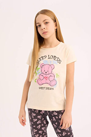 DeFacto Kız Çocuk Pijama Takımı Bisiklet Yaka Baskılı Kısa Kollu Üst Beli Lastikli Desenli Alt E0538A825SMER233