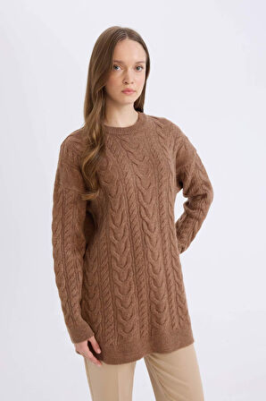 DeFacto Regular Fit Bisiklet Yaka Saç Örgü Desenli Triko Kazak Tunik B4284AX24WNBN572