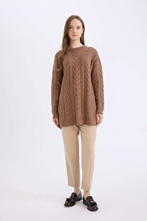 DeFacto Regular Fit Bisiklet Yaka Saç Örgü Desenli Triko Kazak Tunik B4284AX24WNBN572