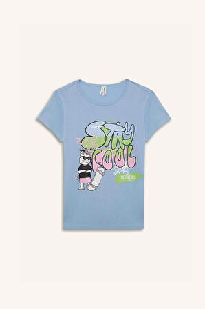 DeFacto Kız Çocuk Pijama Takımı Kısa Kollu Baskılı Üst Esnek Belli Uzun Alt E0539A825SMBE196