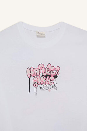 Kız Çocuk Oversize Geniş Kalıp Bisiklet Yaka Sırt Baskılı Kısa Kollu Tişört