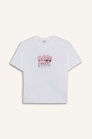 Kız Çocuk Oversize Geniş Kalıp Bisiklet Yaka Sırt Baskılı Kısa Kollu Tişört