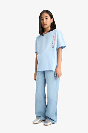 DeFacto Kız Çocuk Oversize Geniş Kalıp Bisiklet Yaka Sırt Baskılı Kısa Kollu Tişört E0367A825SMBE745