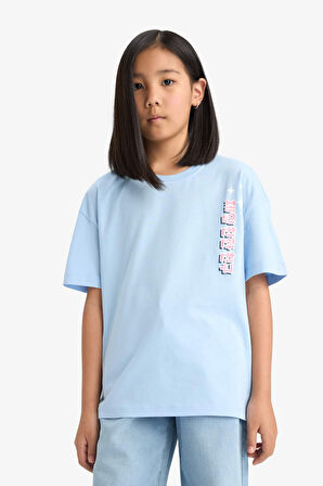 DeFacto Kız Çocuk Oversize Geniş Kalıp Bisiklet Yaka Sırt Baskılı Kısa Kollu Tişört E0367A825SMBE745