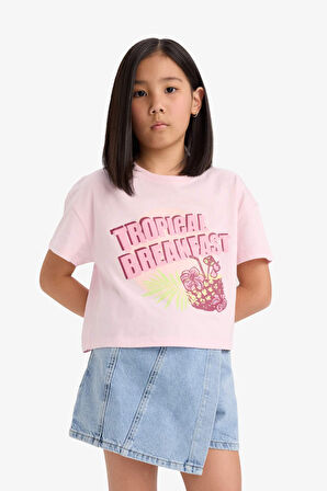 DeFacto Kız Çocuk Boxy Fit Bisiklet Yaka Baskılı Kısa Kollu Tişört E0358A825SMPN74