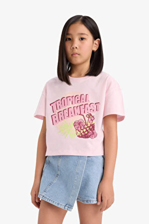 DeFacto Kız Çocuk Boxy Fit Bisiklet Yaka Baskılı Kısa Kollu Tişört E0358A825SMPN74