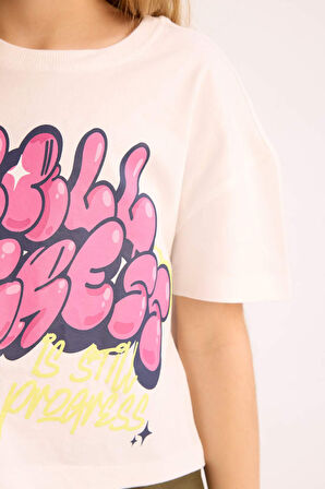 DeFacto Kız Çocuk Boxy Fit Bisiklet Yaka Baskılı Kısa Kollu Tişört E0358A825SMWT34