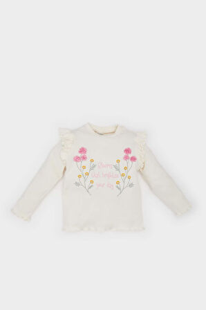 Kız Bebek Regular Fit Bisiklet Yaka Çiçekli Fitilli Kaşkorse Uzun Kollu Tişört