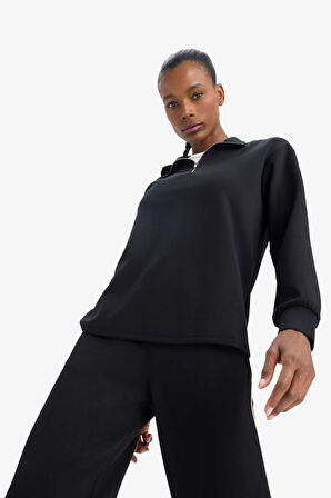 DeFactoFit Oversize Geniş Kalıp Yarım Fermuarlı Dik Yaka Modal Sporcu Sweatshirt D7126AX25SPBK81
