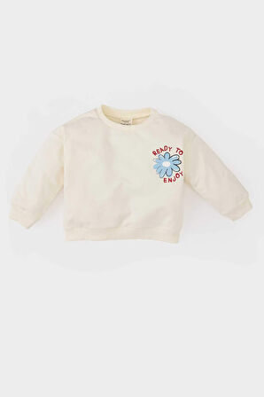 Kız Bebek Regular Fit Bisiklet Yaka Çiçekli Sweatshirt Kumaşı Sweatshirt