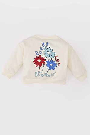 Kız Bebek Regular Fit Bisiklet Yaka Çiçekli Sweatshirt Kumaşı Sweatshirt