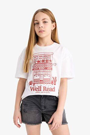 Kız Çocuk Relax Fit Bisiklet Yaka Slogan Baskılı Kısa Kollu Tişört