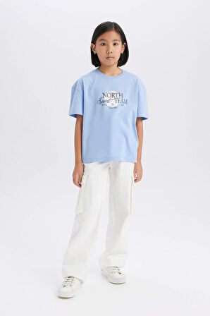 DeFacto Kız Çocuk Relax Fit Bisiklet Yaka Baskılı Kısa Kollu Tişört E0355A825SMBE551