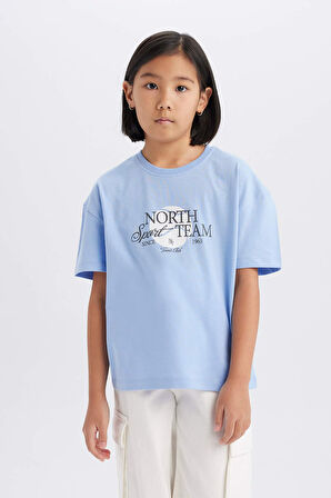 DeFacto Kız Çocuk Relax Fit Bisiklet Yaka Baskılı Kısa Kollu Tişört E0355A825SMBE551