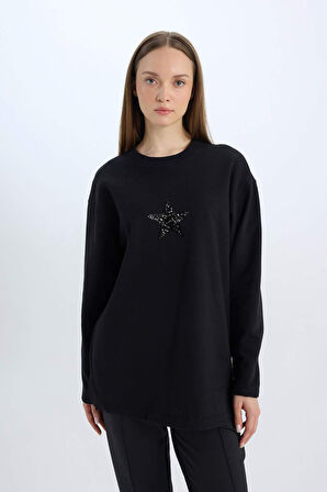 DeFacto Relax Fit Bisiklet Yaka Baskılı İçi Yumuşak Tüylü Sweatshirt Tunik D9028AX24WNBK81
