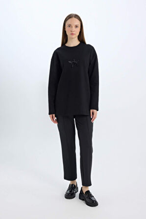 DeFacto Relax Fit Bisiklet Yaka Baskılı İçi Yumuşak Tüylü Sweatshirt Tunik D9028AX24WNBK81